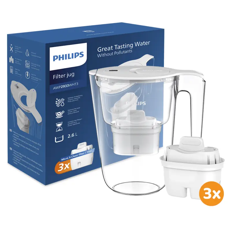 Beperkt Aanbod Philips Waterfilterkan 2.6L + 3 Micro X-Clean Waterfilter (filtert PFAS) AWP2933WHT3
