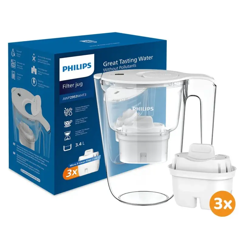Lage Kosten Philips Waterfilterkan 3.4L + 3 Micro X-Clean Waterfilter (filtert PFAS) AWP2953WHT3