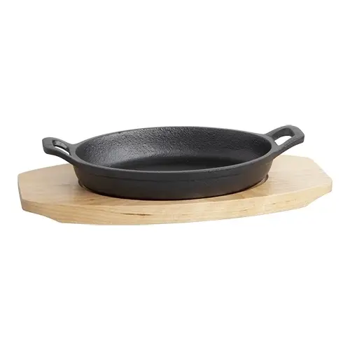 HorecaTraders Bistro Serveerpan Gietijzer | 17x12cm | Houten Onderbord Hete Deal