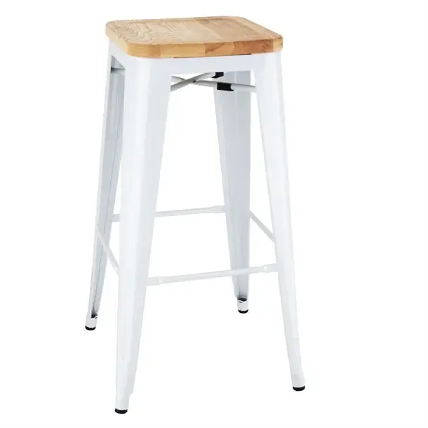 Bolero bistro hoge krukken met houten zitkussen | wit | (4 stuks) Rechtstreeks Van De Fabrikant