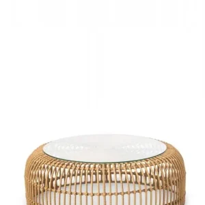 Koopje HorecaTraders Palm Loungetafel | Kunststof | Beige | Glas | Ø80 x 30 cm