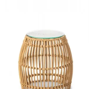 Lage Kosten HorecaTraders Palm Poef | PE Rattan | Beige | Glas | Ø40 x 40 cm