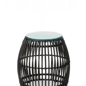 Rechtstreeks Van De Fabrikant HorecaTraders Palm Poef | PE Rattan | Zwart | Glas | Ø40 x 40 cm