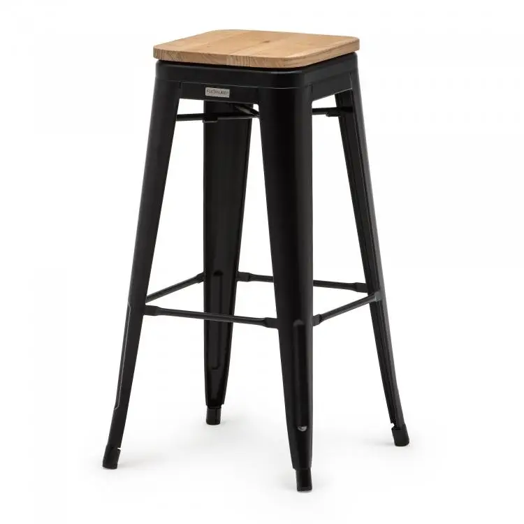 Hoge Kwaliteit HorecaTraders Stapelbare Barkruk Tolix | Staal/Iepenhout | Zwart | 4 stuks