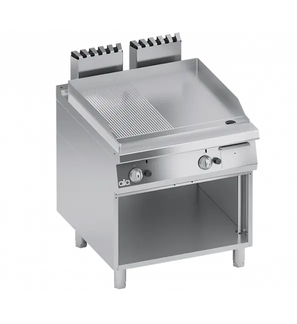 Aanbieding ATA Solution Frytop gas staal 1/2 vlak - 1/2 geribt met open onderstel
