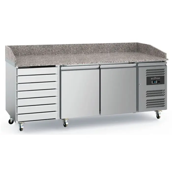 Goedkoop Ecofrost Pizzawerkbank 580L | 2 Deuren + 7 Deegladen | RVS | Wielen | 2025x800x1000mm