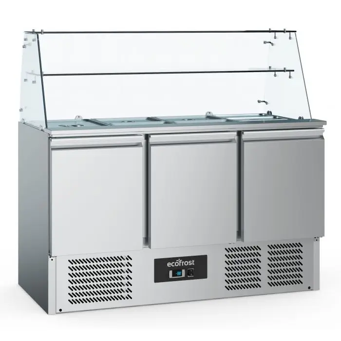 Betrouwbaar Ecofrost Saladette met glasopstand | RVS | 368L | 3 deurs | 4 x 1/1 GN | Statisch | 1365x700x850mm