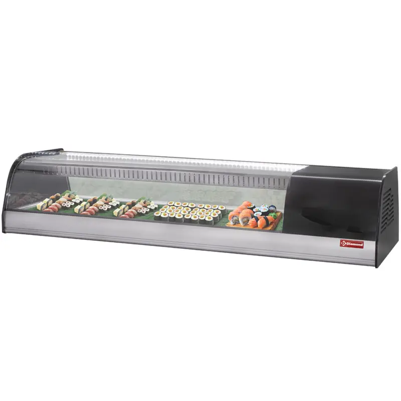 Veilige Betaling Diamond Sushivitrine | RVS/Zwart | -1°C°/+2°C | Dubbele Geperforeerde Bodem | Statisch | Compressor Links | 1730x415x270mm
