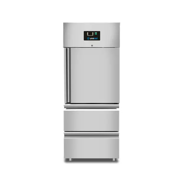Superprijs Unnicool Koelkast | 650L 2/1 GN | RVS | -2°C/+8°C | Geforceerd | 1 Deur + 2 Laden | Wielen | 740x830x1990mm