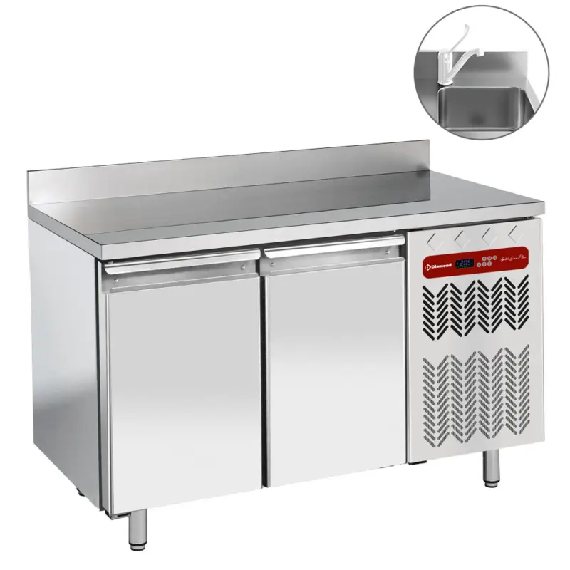 Diamond Koelwerkbank | Energiezuinig | 260L | 2 Deuren 1/1 GN | -2°C/+8°C | Geforceerd | Spoelbak + Achter Rand | 1355x700x880/985mm Favoriet