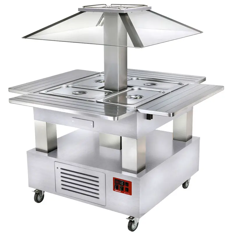 Bestseller Diamond Gekoeld Buffet | GOURMET LINE | Hout/RVS | 4x 1/1 GN | Statisch | Automatische Liftkap | 1435x1435x1540mm