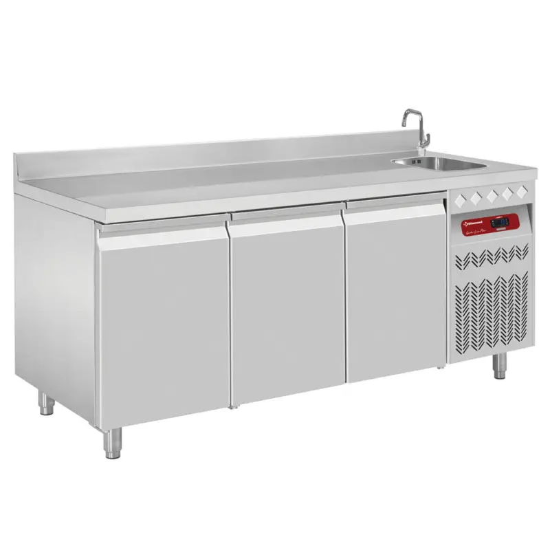 Diamond Koelwerkbank | Spoelbak | 405L | 3 Deuren 1/1 GN | -2°C/+8°C | Statisch/Geventileerd | Achter Rand | 1795x700x866/1045mm Fabrieksprijs