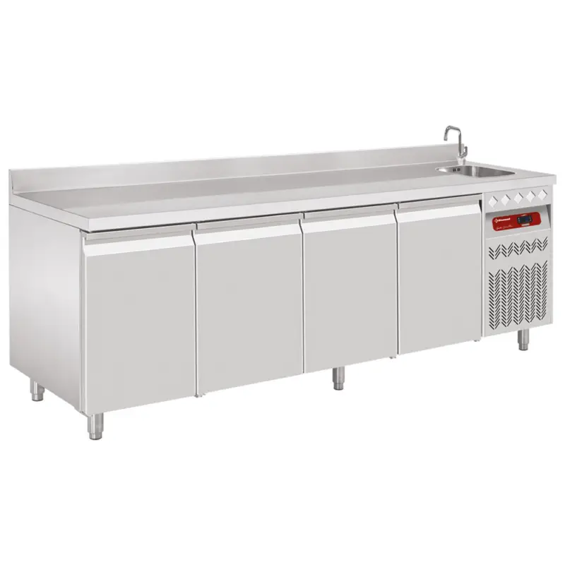 Diamond Koelwerkbank met Spoelbak en Opstaande Rand | 550L | 4 Deuren 1/1 GN | -2°C/+8°C | Geventileerd | 2260x700x866/960(+85)mm Merkproduct