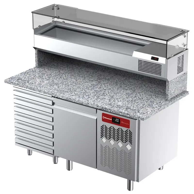 Betaalbaar Diamond Pizzawerkbank met Opzetkoelvitrine | Platinum Line | 1 Deur | 7 Lades | +2°C/+8°C | Granieten Werkblad | 1600x380x410mm