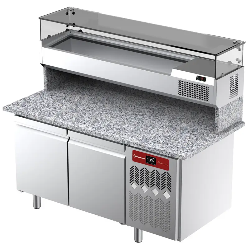 Diamond Pizzawerkbank met Opzetkoelvitrine | Platinum Line | 2 Deuren | -2°C/+8°C | Granieten Werkblad | 1650x800x1450mm Gecertificeerd