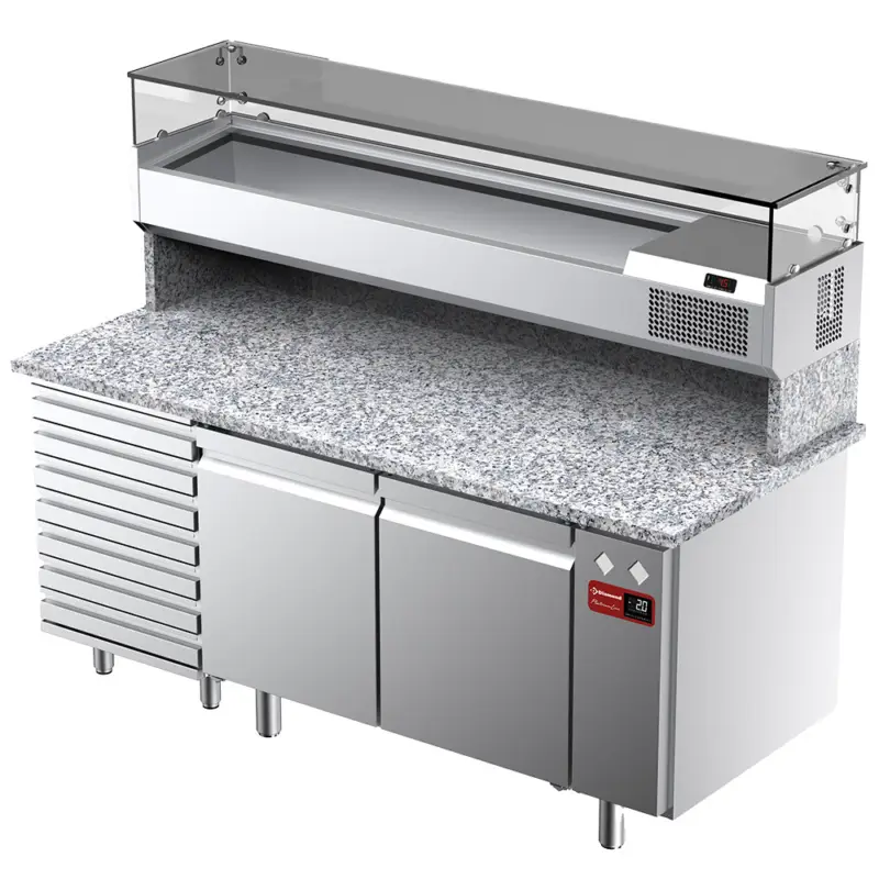 Betaalbaar Diamond Pizzawerkbank met Opzetkoelvitrine | Platinum Line | 2 Deuren | 7 Lades | +2°C/+8°C | Granieten Werkblad | 1850x800x1450mm