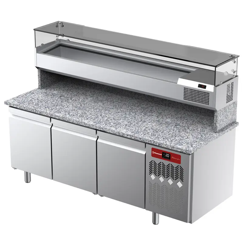 Diamond Pizzawerkbank met Opzetkoelvitrine | Platinum Line | 3 Deuren | -2°C/+8°C | Granieten Werkblad | 2050x800x1450mm Flitsaanbieding