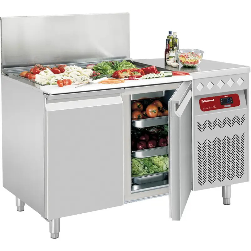 Goedkoop Diamond Saladette | 260L | 2 Deuren 1/1 GN | Boven 1x 1/1 GN + 2x 1/2 GN + 3x 1/9 GN | +2°C/+8°C | Statisch/Geventileerd | Klapdeksel | 1330x700x866/960mm