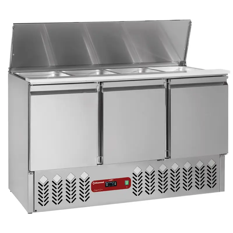 Premium Gekoelde Saladette Met Deksel 4x GN 1/1 – 150 Mm + Reserve 3 Deuren GN 1/1, 380 Lit