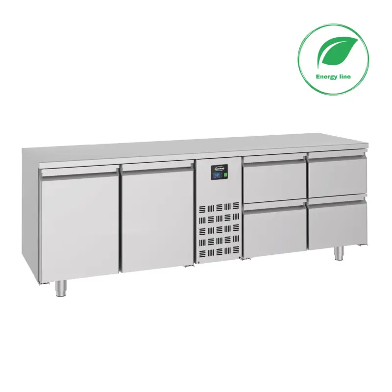 Gereduceerde Prijs Combisteel Koelwerkbank | ENERGY LINE | Energiezuinig | 632L | 2 Deuren + 4 Laden 1/1 GN | -2°C/+8°C | Geforceerd | 2270x700x850mm