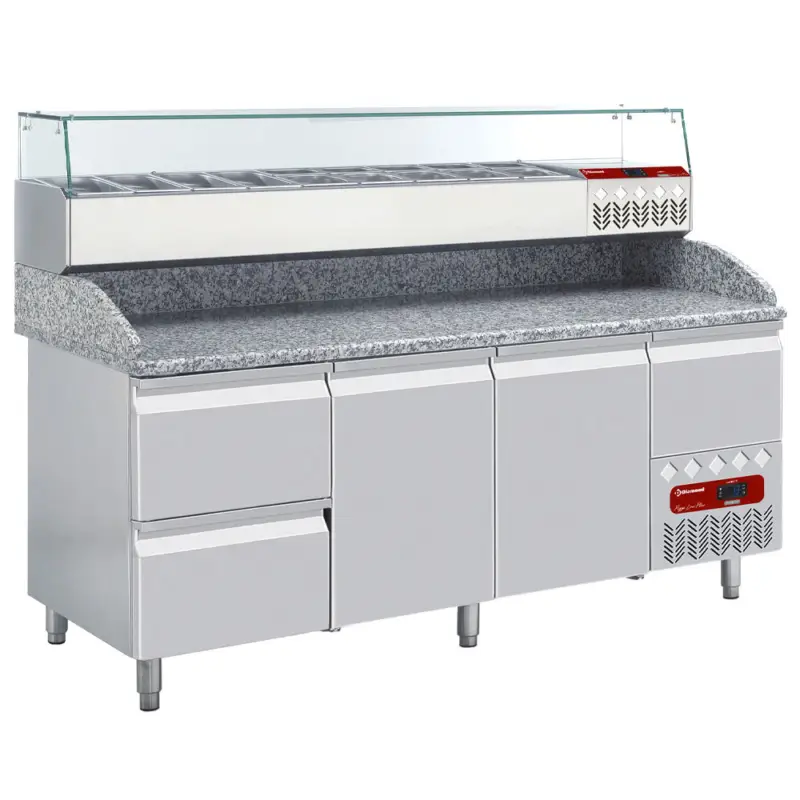 Diamond Pizzawerkbank + Opzetkoelvitrine | 415L | 2 Deuren + 3 Laden | Boven 8x 1/3 GN + 1x 1/9 GN | -2°C/+8°C | Statisch/Geventileerd | 2020x800x856/1485mm Weekendaanbieding