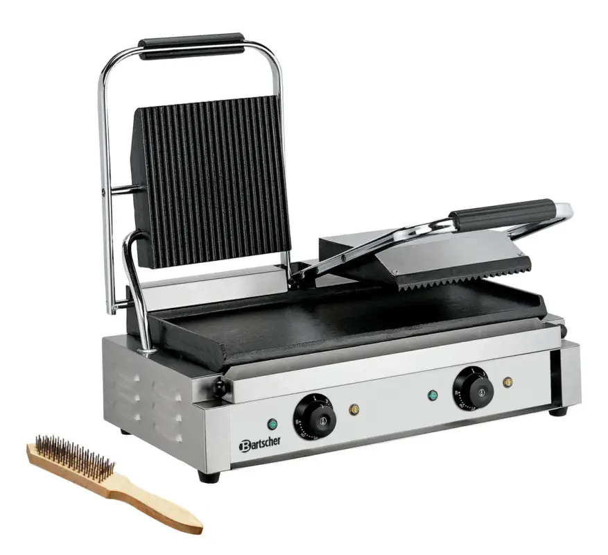 Speciale Aanbieding Bartscher Contactgrill 3600 2GR | Geribbeld/Glad | Grillplaten Gietijzer/Geëmailleerd | 570x395x210mm