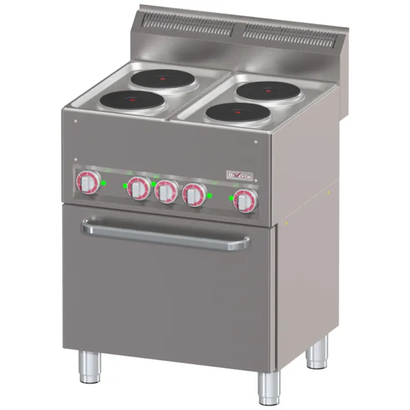 Diverso by Diamond Fornuis + Heteluchtoven | COOKING LINE 600 | Elektrisch | 4 Kookpunten Ø180 + 1/1 GN Oven | 11.13kW | 400V | 660x600x890/1035mm Alleen Vandaag