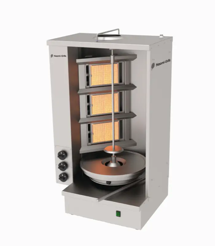 Actieprijs Naomi Grills SHA.3.G | Shoarma Grill | Gas | 3 Branders Infrarood | Rotatiemotor Onder | 9.9 kW | 640x520x1120mm