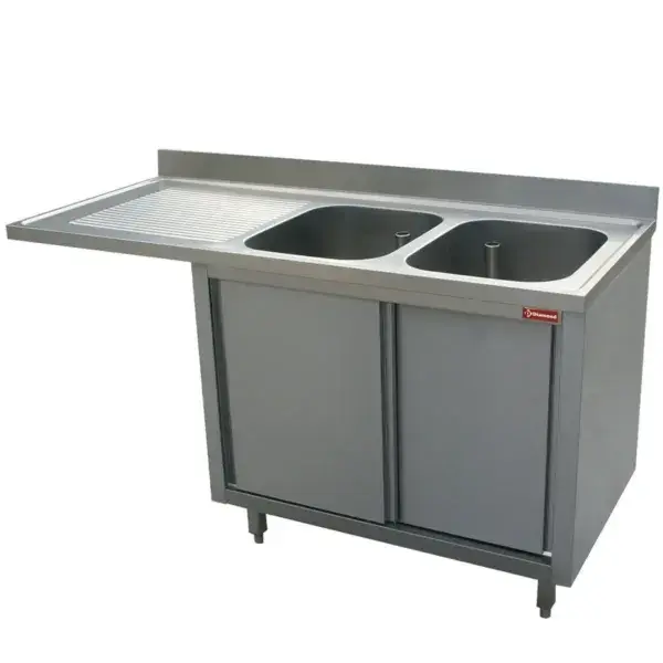Spoeltafel met 2 kuipen400x500x275 links druipvlak op kast met 2 schuifdeuren en nis voor vaatwasser Weekendaanbieding