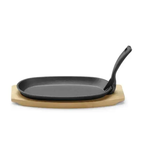Alleen Vandaag Hendi gietijzeren ovale schaal 280x143x33mm met houten onderlegger en greep zwart