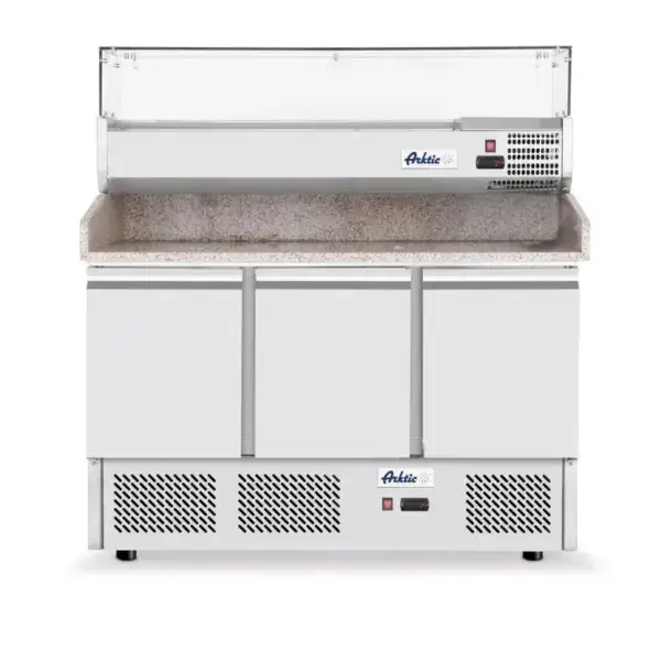 Hendi Pizzawerkbank Arktic met 3 deuren, koelvitrine 380+40L, 254L, 230V/400W, 1400x700x1491mm Hoge Kwaliteit