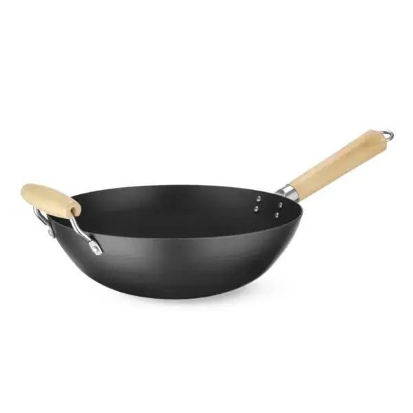 Exclusieve Aanbieding Hendi Wok carbonstaal Ø324 mm met houten handvat en ophangoog