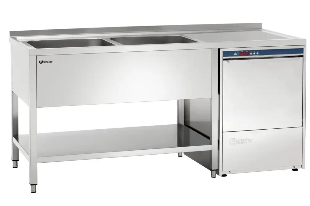 Veilige Betaling Bartscher Spoeltafel | 2 Spoelbakken Links + Bodemschap | Vaatwasser Rechts | 1800x700x850mm