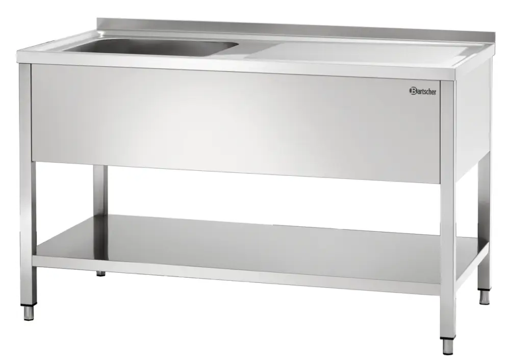Bartscher Spoeltafel RVS | 1 Spoelbak | Afdruipvlak Rechts | Bodemschap + Achter Rand | 1400x700x850mm Aanbieding