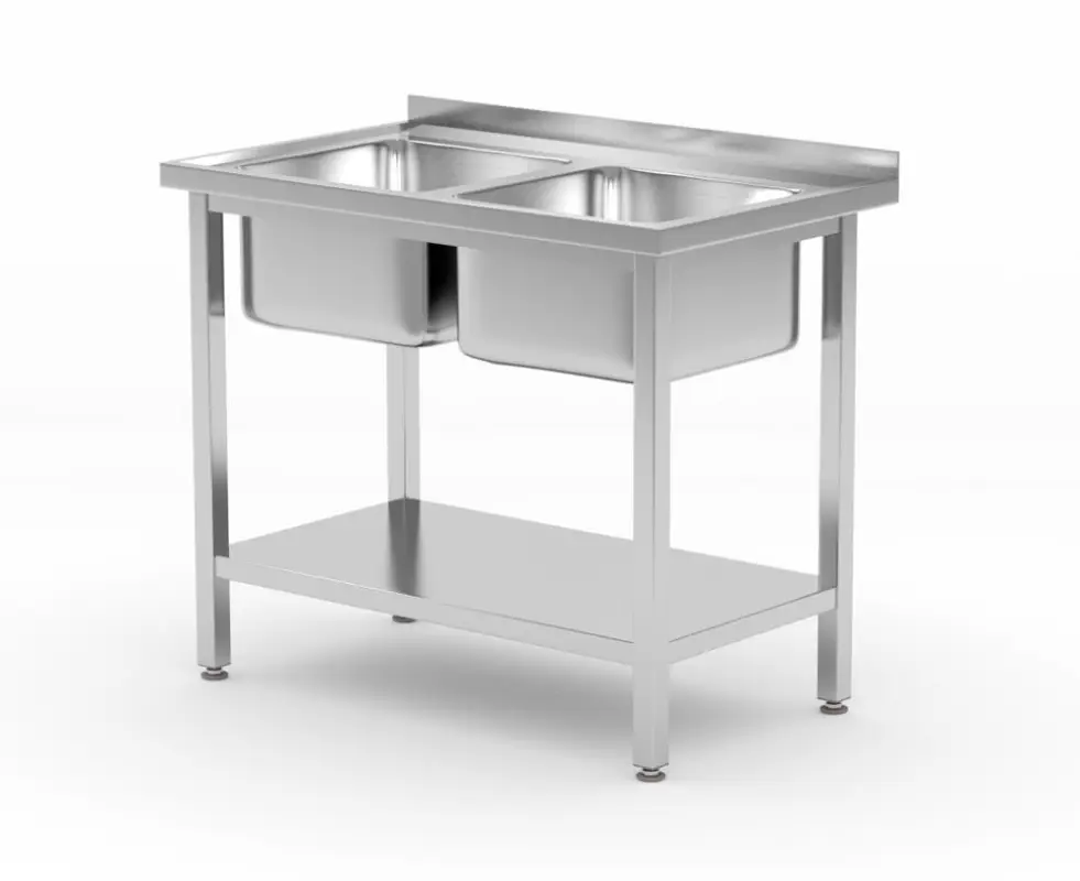 Dubbele Spoeltafel Met Schap Budget Line – Geschroefd, Hendi, Budget Line, Twee Wasbakken, 1000x600x(h)850mm Hoge Kwaliteit