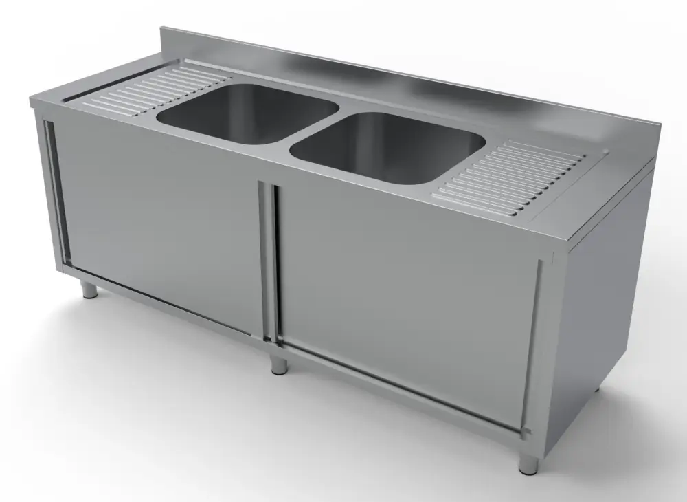 Exclusieve Aanbieding Unninox | Spoeltafel | RVS | Schuifdeuren | Dubbel Wasbak Midden | 2000x700x850mm