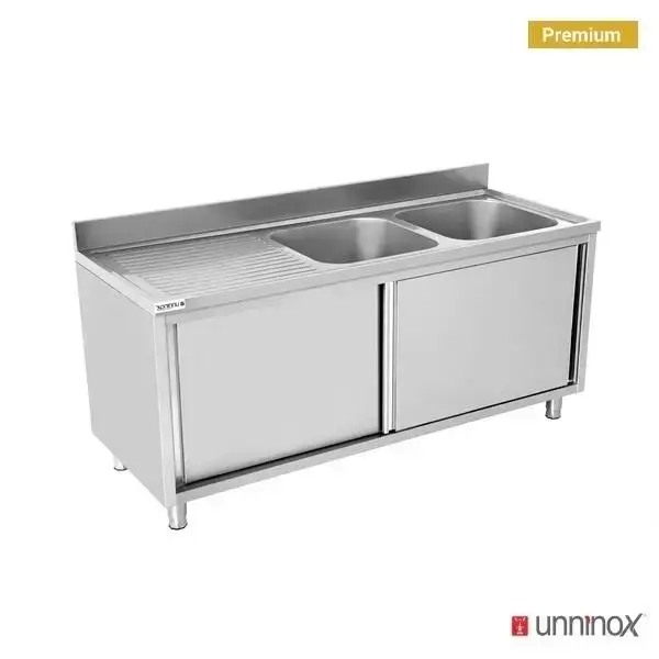 Goedkoop Unninox Spoeltafel | RVS | 2 Spoelbakken Rechts | Achter Rand | Schuifdeuren | 2000x700x850mm
