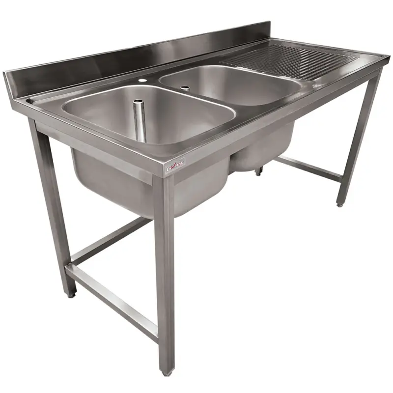 Spoeltafel | RVS | 2 Spoelbakken Links | Afdruipvlak | Achter Rand | 1800x700x900mm Bestel Nu