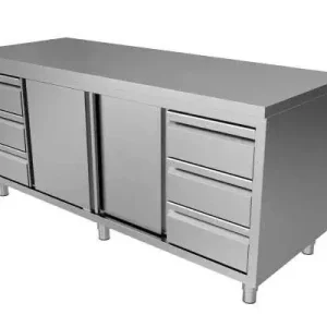 Unninox RVS Werktafel | 3L+3r Laden En Schuifdeuren 1/1 GN | 2400x700x850mm Bestel Nu
