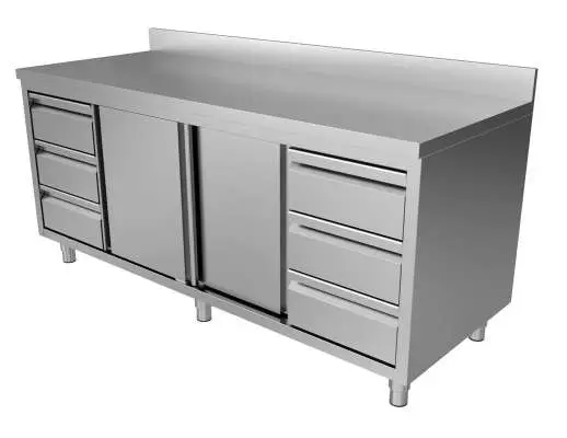 Unninox RVS Werktafel | 3L+3R Laden En Schuifdeuren 1/1 GN | Achter Rand | 2000x700x850/900mm Koop Vandaag