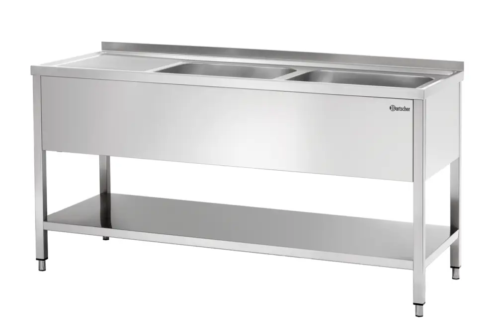 Direct Beschikbaar Bartscher RVS Spoeltafel | 2 Spoelbakken Rechts | Bodemschap + Achteropstand | 1600x700x850mm