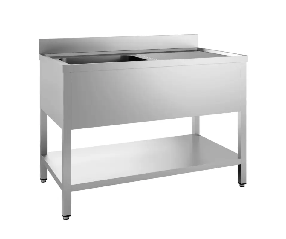Premium Combisteel Spoeltafel | PRIME | RVS | 1 Spoelbak Links + Afdruipvlak | Bodemschap | Achterrand | 1400x700x850mm
