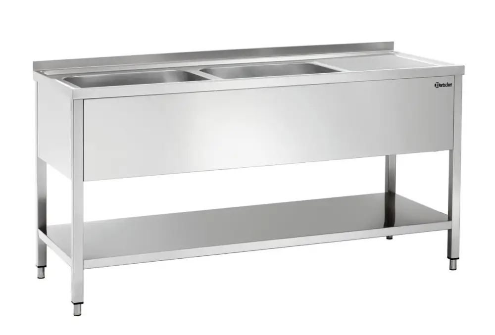 Bartscher Spoeltafel RVS | 2 Spoelbakken Links | Afdruipvlak Rechts | Bodemschap + Achteropstand | 1600x700x850mm Betrouwbaar