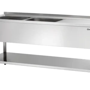 Op = Op Bartscher Spoeltafel RVS | 2 Spoelbakken Links | Afdruipvlak Rechts | Bodemschap + Achteropstand | 1800x700x850mm