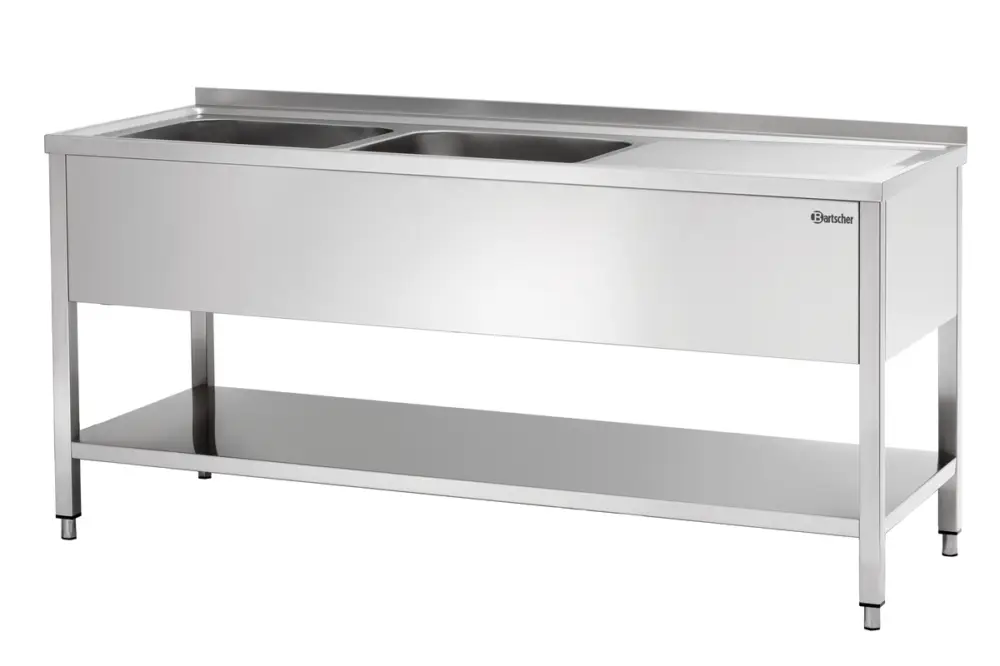 Op = Op Bartscher Spoeltafel RVS | 2 Spoelbakken Links | Afdruipvlak Rechts | Bodemschap + Achteropstand | 1800x700x850mm
